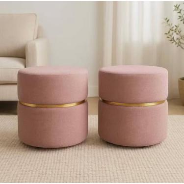 Imagem de Puff Redondo Luxo em Linho Rosa – Assento Estofado para Sala, Escritório ou Provador | Banqueta Decorativa
