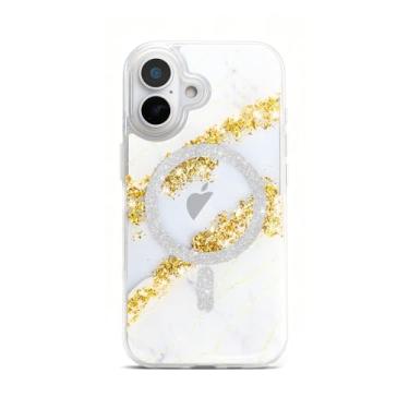 Imagem de Teayoha Capa com glitter para iPhone 16 Pro Max, capa de telefone brilhante brilhante de luxo compatível com MagSafe, capa transparente com detalhes em folha dourada 3D mármore para mulheres, meninas
