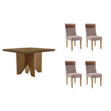 Imagem de Sala Jantar Mesa Nevada Tampo Curvo 90cm+4 Cadeiras Jaspe Madeira Naturale - Capuccino/Linho Capuccino - Rufato