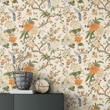 Imagem de Drydiet Chinoiserie Papel de parede autoadesivo removível papel de parede floral pássaros contato jacobean vintage papel de contato para quarto (marrom, 300 x 40 cm)