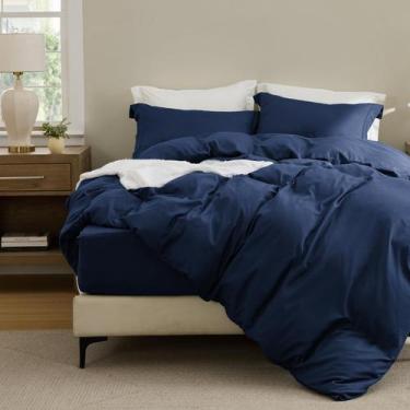 Imagem de Funda de Edredón con Sábana Ajustable King Azul de Poliéster de Bedsur