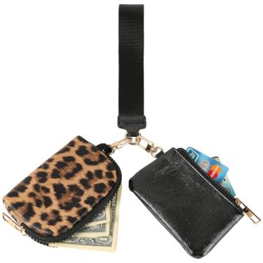 Imagem de GELVTIC Mini carteira feminina com zíper – bolsa dupla porta-moedas, bolsa pequena portátil de couro sintético com alça destacável, linda carteira feminina, Preto + leopardo
