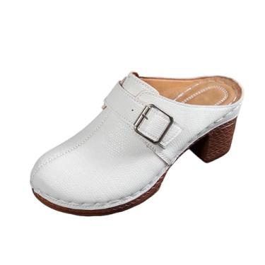 Imagem de Sandálias femininas de verão baotou com parte inferior grossa meia pantufa salto plataforma sapatos casuais confortáveis para atividades ao ar livre, Branco, 35