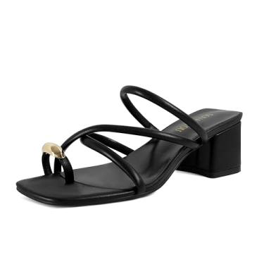 Imagem de SOVANYOU Sandálias femininas de salto com tiras, anel, salto grosso, plataforma, bico quadrado, casual, elegante, Preto, 37