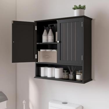 Imagem de Viaozutis Armário de parede de banheiro com 2 portas e prateleira aberta – Armário de remédios para economizar espaço sobre o banheiro, armazenamento de armário de madeira para organização de banheiro