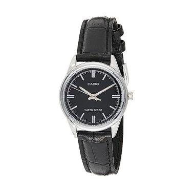 Imagem de Casio Relógio analógico feminino LTP-V005L-1A preto com pulseira de couro genuíno, Preto, Size of case, Relógio analógico