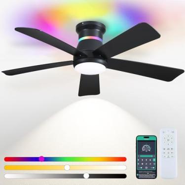Imagem de Surtime Ventiladores de teto pretos de 117 cm com luzes RGB - Luz de ventilador de teto embutida com LED 3CCT regulável, ventiladores de teto modernos de baixo perfil para festas internas, cobertas ao