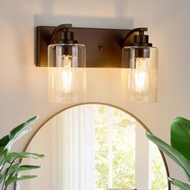 Imagem de ALAISLYC 2 luminárias de banheiro modernas ORB Vanity Lights para banheiro luminárias sobre espelho com sombra de vidro transparente para armário espelho quarto corredor