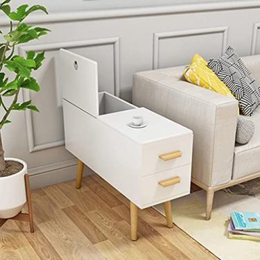 Imagem de Mesa lateral com 2 gavetas e armário de armazenamento com tampa dobrável para sala de estar - pernas de madeira maciça e dobradiças hidráulicas, mesa de canto longa estreita