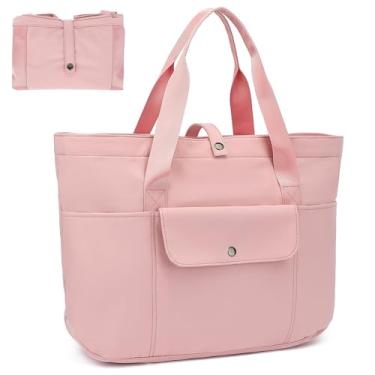 Imagem de TANTOMI Bolsa feminina dobrável, à prova d'água, com zíper, bolsa de ombro grande para viagem - 52 cm C x 15 cm L x 35 cm A, rosa, One Size