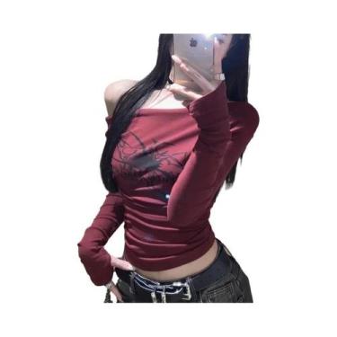 Imagem de Camiseta Feminina Y2K off Shoulder Com Estampa De Letras Vintage Casua