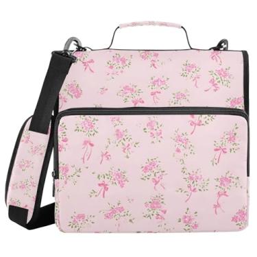 Imagem de Fichário de 3 anéis com zíper com alça de ombro rosa pequena alça floral de 3,8 cm, bolsa organizadora de arquivos, escola, escritório, capacidade para 500 folhas