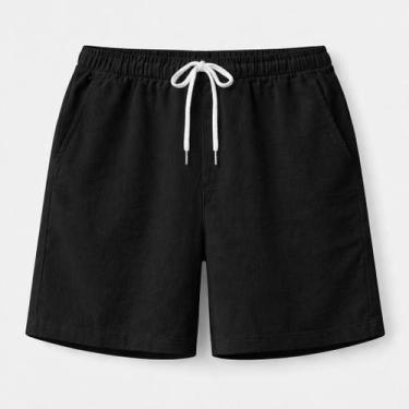Imagem de Short Masculino Linho Casual Com Bolso Elástico Cordão Confortável Ver