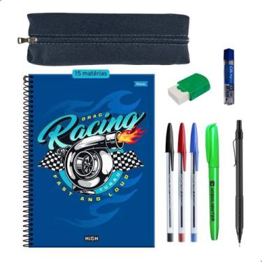 Imagem de Kit Escolar Caderno 15 Materias Estojo Lapiseira Canetas + Itens - Dar