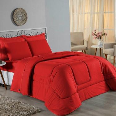 Imagem de Kit Edredom Dupla Face + Jogo De Lençol Casal Viúva Nobre 7 Peças Malha 100% Algodão - Vermelho