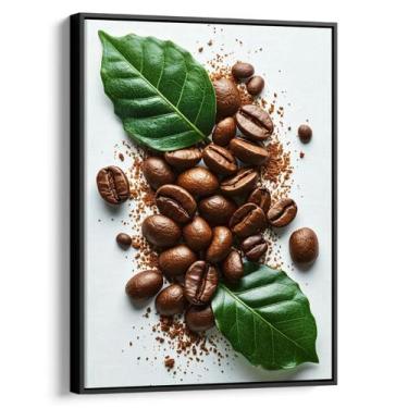 Imagem de Quadro decorativo Café Em Grãos Frescos Entre Folhas Naturais Verdes -