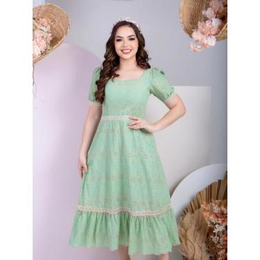 Imagem de Vestido Midi Elegante Social Lese Algodão para Festa Decote Quadrado -