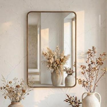 Imagem de Espelho Grande Decorativo Banheiro e Sala Retangular Dourado com Moldu