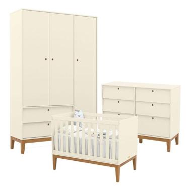 Imagem de Quarto de Bebê Unique com Guarda-Roupa 3 Portas e Cômoda 6 Gavetas em MDF 132cm Off Whi...