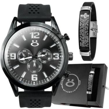Imagem de Relogio Aço Inox Preto Masculino + Pulseira Pai Nosso + Caixa Presente