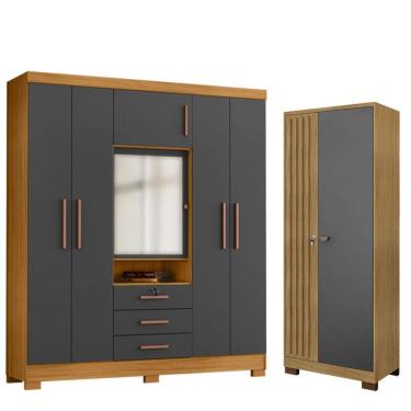 Imagem de Guarda Roupa Casal Imperial e Armário Multiuso Versatile Carvalho Americano Grafite - I...