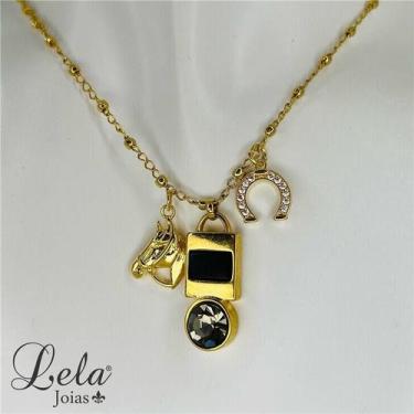 Imagem de Corrente com pingente cavalo, ferradura e zirconia em bijuteria - LELA