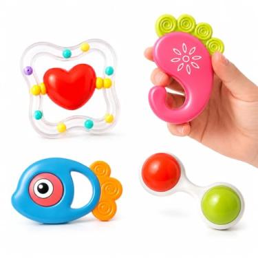 Imagem de Kit Chocalho Mordedor Educativo para Bebê, 4 Peças, Colorido, Material Atóxico sem BPA, Brinquedo Sensorial para Desenvolvimento Motor e Cognitivo, 0-12 Meses