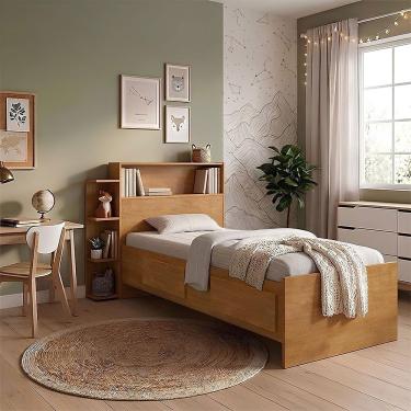 Imagem de Cama de Solteiro Isa com Gavetas Laterais e Colchão D23 em MDF-MDP Amadeirado Isa Estofados