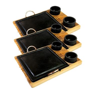 Imagem de Kit 3 Grelhas com 6 Molheiras em Pedra Sabão e Suporte g 25x25CM Antiaderente para Churrasco Grafite Industria São Jose