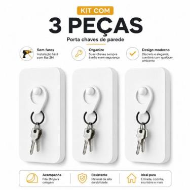 Imagem de Kit 3 peças Porta Chaves de Parede sem Furos com Fita 3M Organizador d