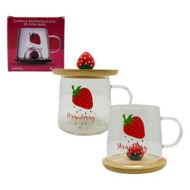 Imagem de Caneca 3D Morango com Pires e Tampa em Bambu Borossilicato 280ml Allmi