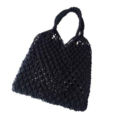 Imagem de Bolsa de ombro vazada feita à mão de malha de praia de algodão com cordão bolsa de malha para (preta)