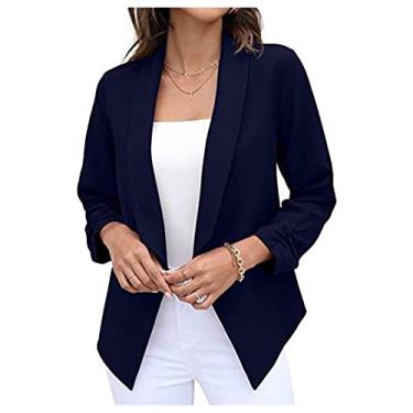 Imagem de Blazer feminino de manga 3/4, cardigã aberto na frente, casual, escritório, cropped, Azul escuro, XXG