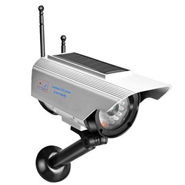 Imagem de Sonew Câmera de segurança fictícia movida a energia solar, câmera de segurança de vigilância simulada CCTV bala com luz LED piscante