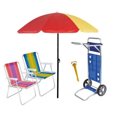 Imagem de Kit Praia Carrinho De Praia + 2 Cadeira Alta Alumínio + Guarda Sol + Saca Areia - Mor
