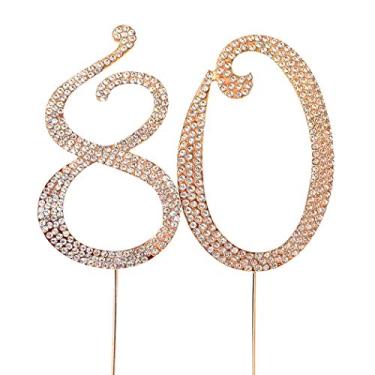 Imagem de MAGJUCHE Topo de bolo de cristal dourado de 203 cm, número 80 strass, topo de bolo de aniversário de 80 anos, masculino ou feminino aniversário ou decoração de festa de aniversário de 80 anos