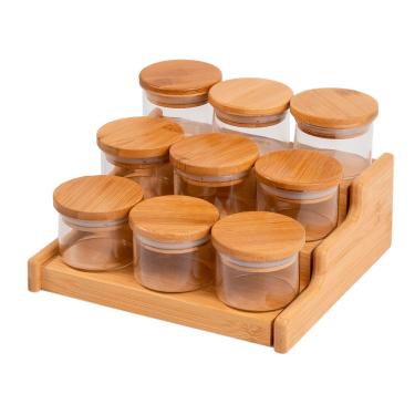 Imagem de kit 9 potes 110ml tampa bambu e rack organizador bambu Oikos