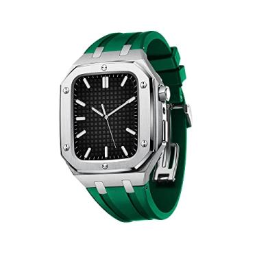 Imagem de KAPPDE Capa de metal militar para Apple Watch Series 7 SE 6 5 4 Capa protetora de metal com pulseira de silicone amortecedor à prova de choque 45mm 44mm (Cor: Verde prateado, Tamanho: