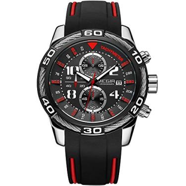Imagem de MEGIR Relógio masculino esportivo militar luxuoso moda cronógrafo relógio masculino pulseira de silicone à prova d'água luminoso relógio de pulso, Prateado, preto, Relógios cronógrafo, quartzo