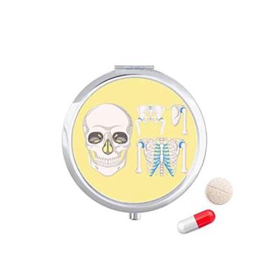Imagem de Ilustrações de esqueleto humano em formato de caveira, costelas, porta-comprimidos, caixa de armazenamento de medicamentos