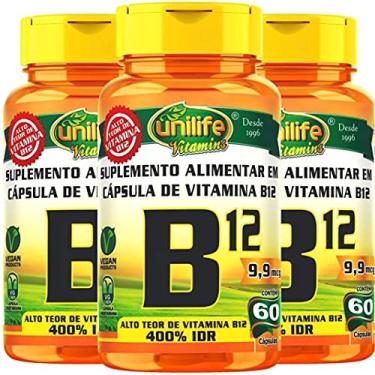 Imagem de Kit com 3 Frascos de Vitamina B12 Cianocobalamina Unilife 60 Capsulas 450mg