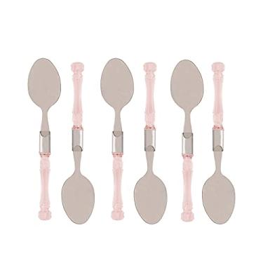 Imagem de CJ 6 COLHERES P/SOBREMESA DE AÇO INOX C/CABO DE PLÁSTICO BAMBU ROSA 17cm