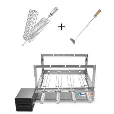 Imagem de Kit Grill Inox Churrasqueira com 4 Espetos Tridente + Espeto Grelha Espalhador Carvão -...