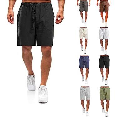 Imagem de Shorts masculinos casuais de linho, shorts masculinos casuais de linho de algodão com cordão e bolsos, shorts de praia de verão (Black,3X-Large)