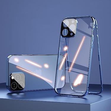 Imagem de para iPhone 14 13 12 11 Pro Max Metal liga de alumínio Vidro Temperado Transparente Protetor Capa Magnética Metal Flip Case, Azul, Para iPhone 14 Pro