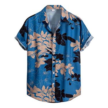 Imagem de Blusa de botão casual masculina solta lapela impressão colorida botão curto camisa listrada areia praia verão camisetas, Azul, XXG