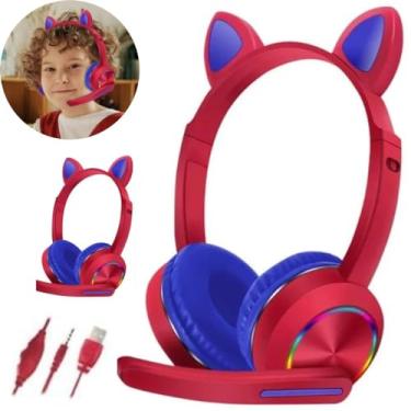 Imagem de Headset Gamer Orelha De Gato Headphone Led Rgb FONE OUVIDO GATINHO USB PARA XBOX ONE PS4 PS5 PC COMPUTADOR COM FIO STEREO CAT (VERMELHO/AZUL)