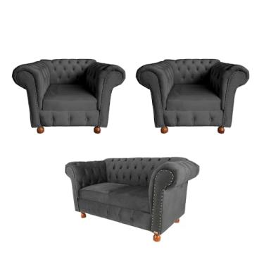 Imagem de NOVO ENCANTO, Conjunto Chesterfield Namoradeira + 2 Poltronas Luiz xv Suede Cinza Chumbo/decoração, barbearia, salão, sala de estar