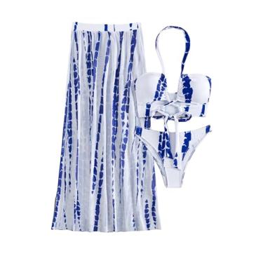 Imagem de SOLY HUX Biquíni feminino tie dye frente única maiô de verão com saída de praia conjunto de 3 peças, Azul e branco, G