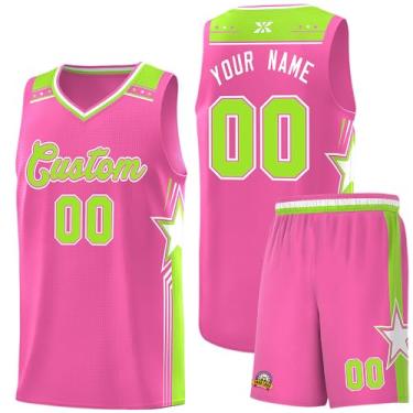 Imagem de Camiseta de basquete personalizada com logotipo de número de nome, regata e shorts estampados personalizados para homens mulheres jovens, 34.pink/verde neon, One Size